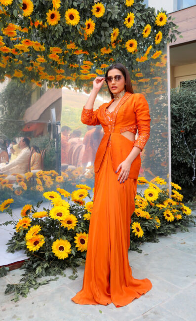 Indian Wedding Guest Look - Orange Cutout Blazer Dhoti Skirt Set