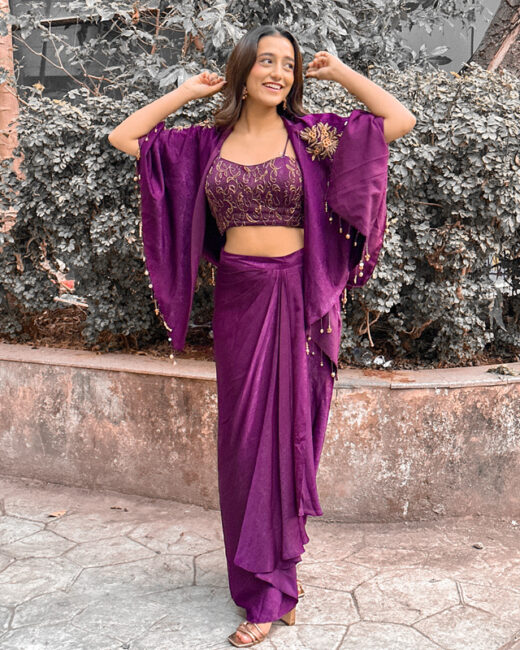 Indian Wedding Guest Look - Purple Cape Dhoti Skirt Set
