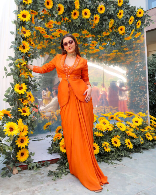 Indian Wedding Guest Look - Orange Cutout Blazer Dhoti Skirt Set