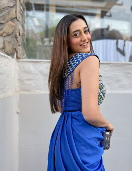 Indian Wedding Guest Look - Royal Blue Smocked Blouse Dhoti Skirt Set