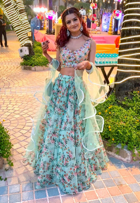 Indian Wedding Guest Look - Mint Floral Print Lehenga