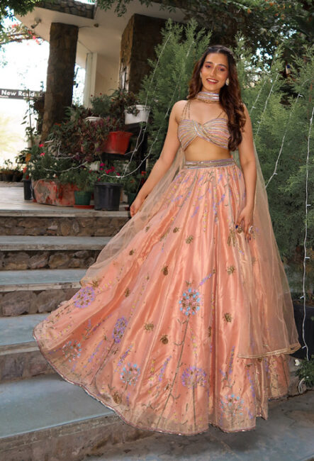 Indian Wedding Guest Look - Pastel Peach Lehenga
