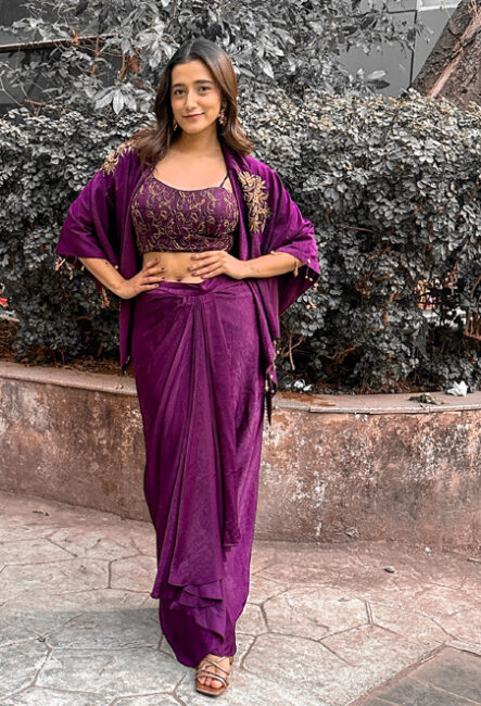 Indian Wedding Guest Look - Purple Cape Dhoti Skirt Set